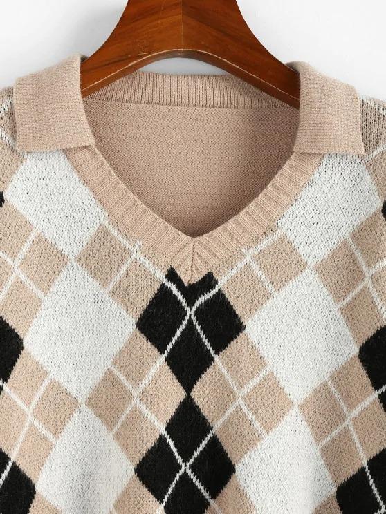 Argyle V Notch Crop Sweater - INS | Online Fashion Free Shipping Clothing, Dresses, Tops, Shoes