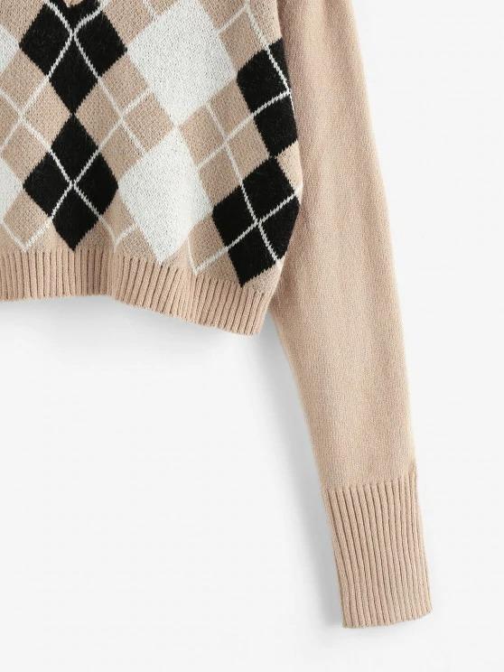 Argyle V Notch Crop Sweater - INS | Online Fashion Free Shipping Clothing, Dresses, Tops, Shoes