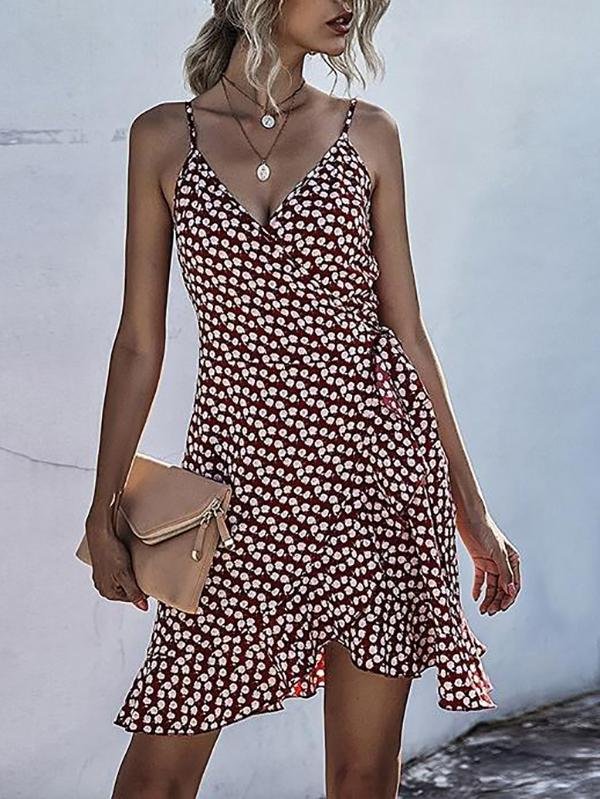 Asymmetry Ruffle Floral Sling Summer Dress - Mini Dresses - INS | Online Fashion Free Shipping Clothing, Dresses, Tops, Shoes - 22/03/2021 - AMZ - Color_Red