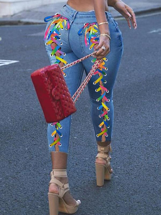 Back Colorful Bandage Denim Plus Size Ripped Jeans - Jeans - INS | Online Fashion Free Shipping Clothing, Dresses, Tops, Shoes - 23/04/2021 - Color_Light Blue - Color_Medium Blue