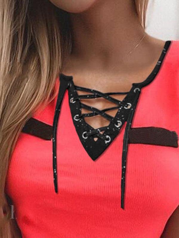 Bandage V-neck Tape Off-shoulder Short Sleeve T-shirts - T-Shirts - INS | Online Fashion Free Shipping Clothing, Dresses, Tops, Shoes - 31/05/2021 - Category_T-Shirts - Color_Red