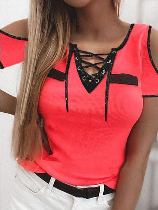 Bandage V-neck Tape Off-shoulder Short Sleeve T-shirts - T-Shirts - INS | Online Fashion Free Shipping Clothing, Dresses, Tops, Shoes - 31/05/2021 - Category_T-Shirts - Color_Red