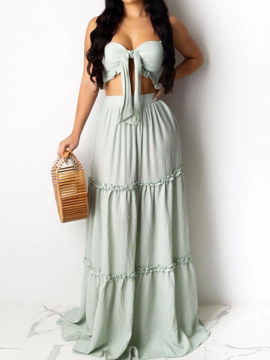 Bandeau Frill Hem Tie Front Top & Maxi Skirt Set - Two-piece Outfits - INS | Online Fashion Free Shipping Clothing, Dresses, Tops, Shoes - 04/03/2021 - 2XL - Color_Blue