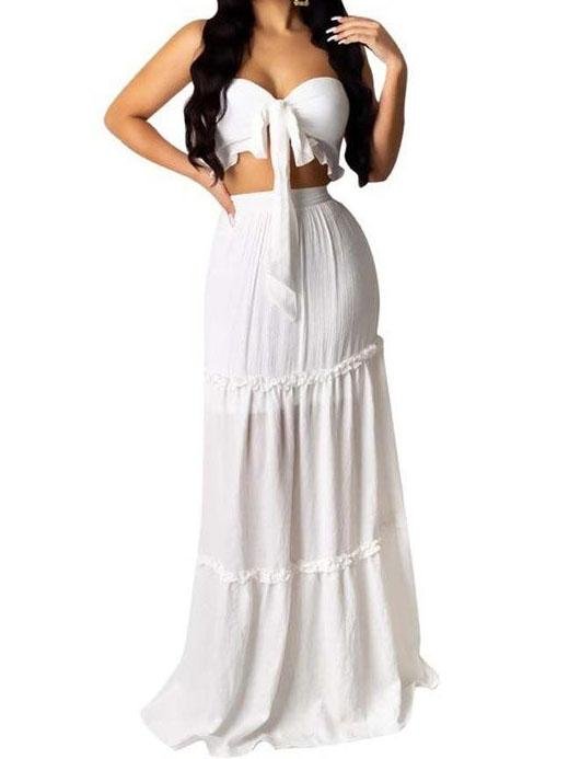 Bandeau Frill Hem Tie Front Top & Maxi Skirt Set - Two-piece Outfits - INS | Online Fashion Free Shipping Clothing, Dresses, Tops, Shoes - 04/03/2021 - 2XL - Color_Blue