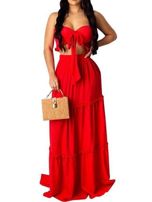 Bandeau Frill Hem Tie Front Top & Maxi Skirt Set - Two-piece Outfits - INS | Online Fashion Free Shipping Clothing, Dresses, Tops, Shoes - 04/03/2021 - 2XL - Color_Blue