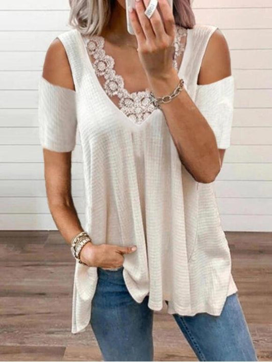 Basic Stitching V-neck Off-shoulder Short-sleeved Top - T-shirts - INS | Online Fashion Free Shipping Clothing, Dresses, Tops, Shoes - 31/05/2021 - Color_White - LXQ