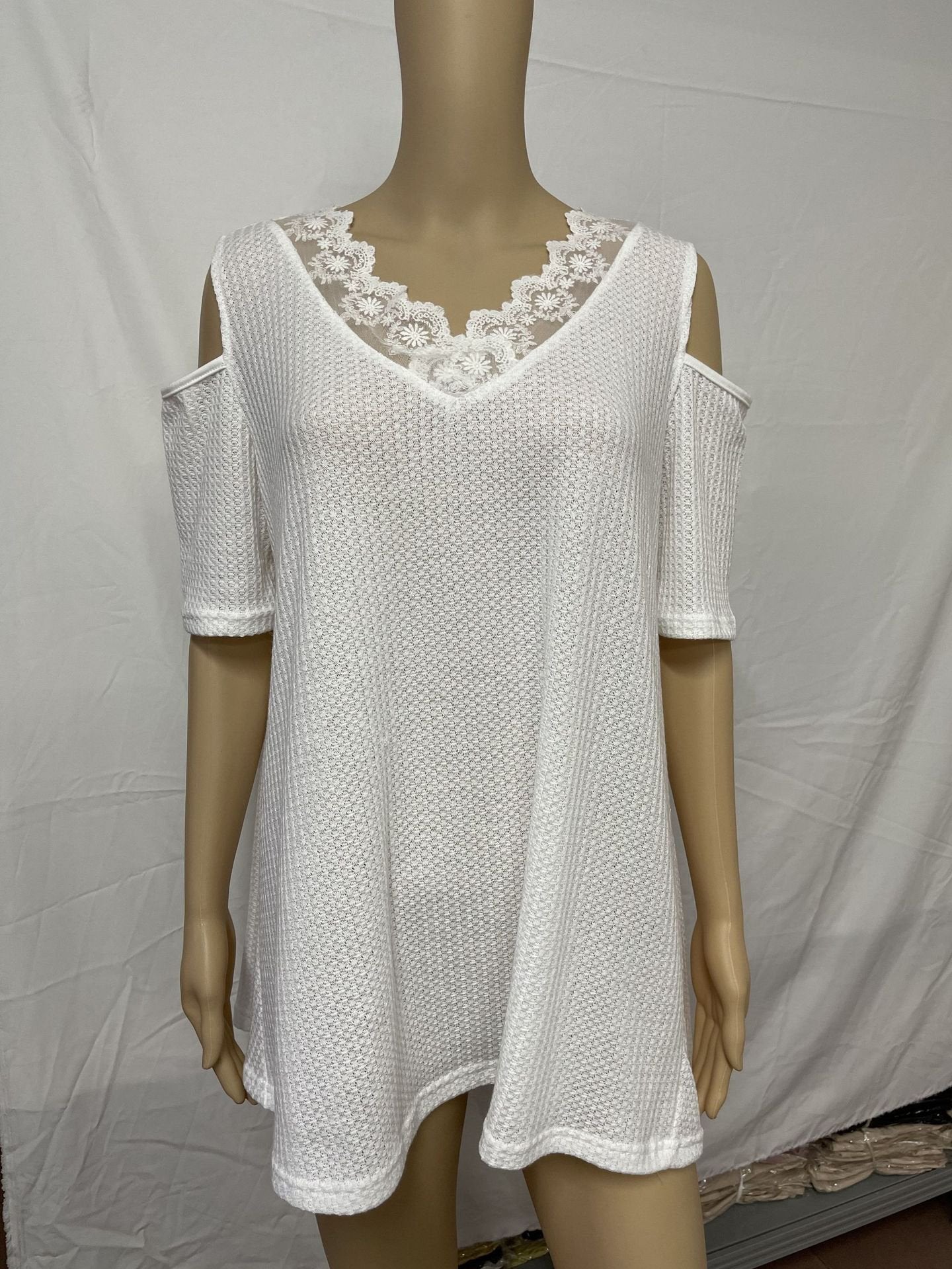 Basic Stitching V-neck Off-shoulder Short-sleeved Top - T-shirts - INS | Online Fashion Free Shipping Clothing, Dresses, Tops, Shoes - 31/05/2021 - Color_White - LXQ