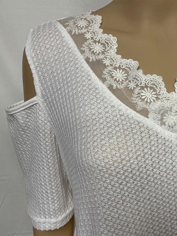 Basic Stitching V-neck Off-shoulder Short-sleeved Top - T-shirts - INS | Online Fashion Free Shipping Clothing, Dresses, Tops, Shoes - 31/05/2021 - Color_White - LXQ