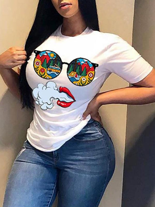 Basics White Lip Letter Print Glass Summer T-shirt - T-Shirts - INS | Online Fashion Free Shipping Clothing, Dresses, Tops, Shoes - 26/04/2021 - Color_White - Season_Summer