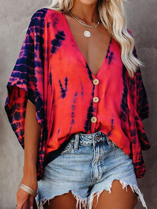 Bat Sleeve Tie-dye Print Blouse - Blouses - INS | Online Fashion Free Shipping Clothing, Dresses, Tops, Shoes - 28/04/2021 - BLO210428050 - Blouses