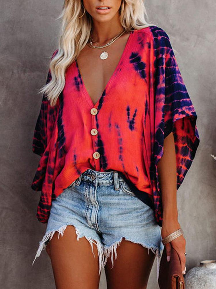 Bat Sleeve Tie-dye Print Blouse - Blouses - INS | Online Fashion Free Shipping Clothing, Dresses, Tops, Shoes - 28/04/2021 - BLO210428050 - Blouses