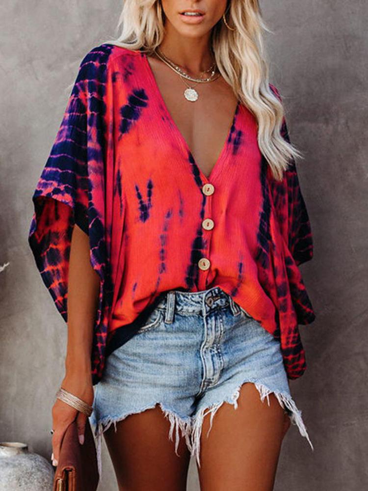 Bat Sleeve Tie-dye Print Blouse - Blouses - INS | Online Fashion Free Shipping Clothing, Dresses, Tops, Shoes - 28/04/2021 - BLO210428050 - Blouses