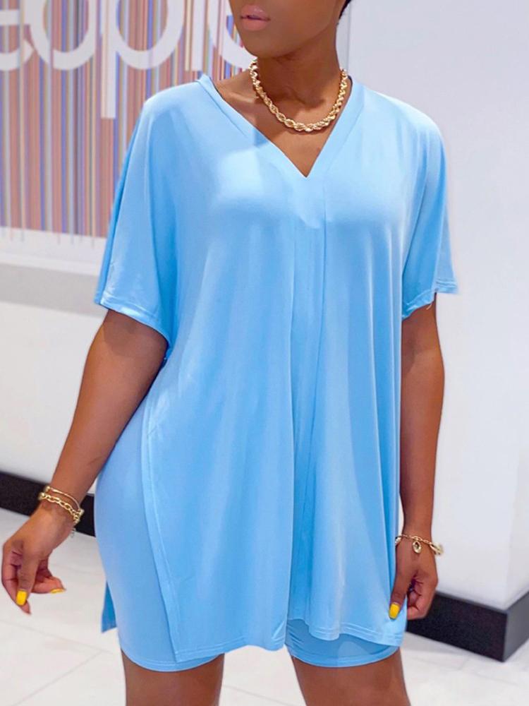 Batwing Sleeve Slit Top & High Waist Shorts Set - Two-piece Outfits - INS | Online Fashion Free Shipping Clothing, Dresses, Tops, Shoes - 05/05/2021 - Category_Two-piece Outfits - Color_Blue