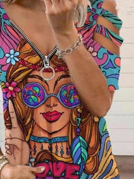 Beauty Image V-Neck Zipper Cutout Short Sleeve T-Shirt - T-Shirts - INS | Online Fashion Free Shipping Clothing, Dresses, Tops, Shoes - 11/06/2021 - Category_T-Shirts - HDL