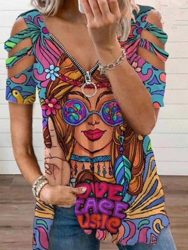 Beauty Image V-Neck Zipper Cutout Short Sleeve T-Shirt - T-Shirts - INS | Online Fashion Free Shipping Clothing, Dresses, Tops, Shoes - 11/06/2021 - Category_T-Shirts - HDL