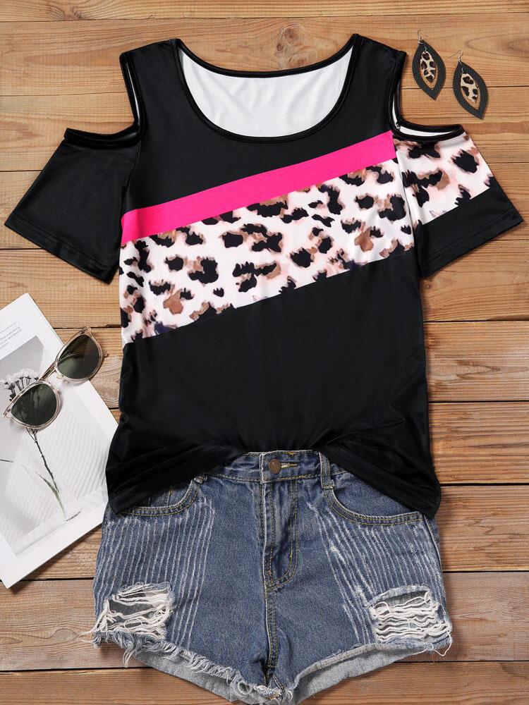 Beauty Strapless Leopard Print Stitching Short Sleeve T-shirt - T-shirts - INS | Online Fashion Free Shipping Clothing, Dresses, Tops, Shoes - 20-30 - 21/07/2021 - color-black