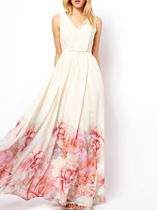 Bohemian Sleeveless Deep V Neck Flower Print Long Dress - Maxi Dresses - INS | Online Fashion Free Shipping Clothing, Dresses, Tops, Shoes - 20/07/2021 - 30-40 - color-white