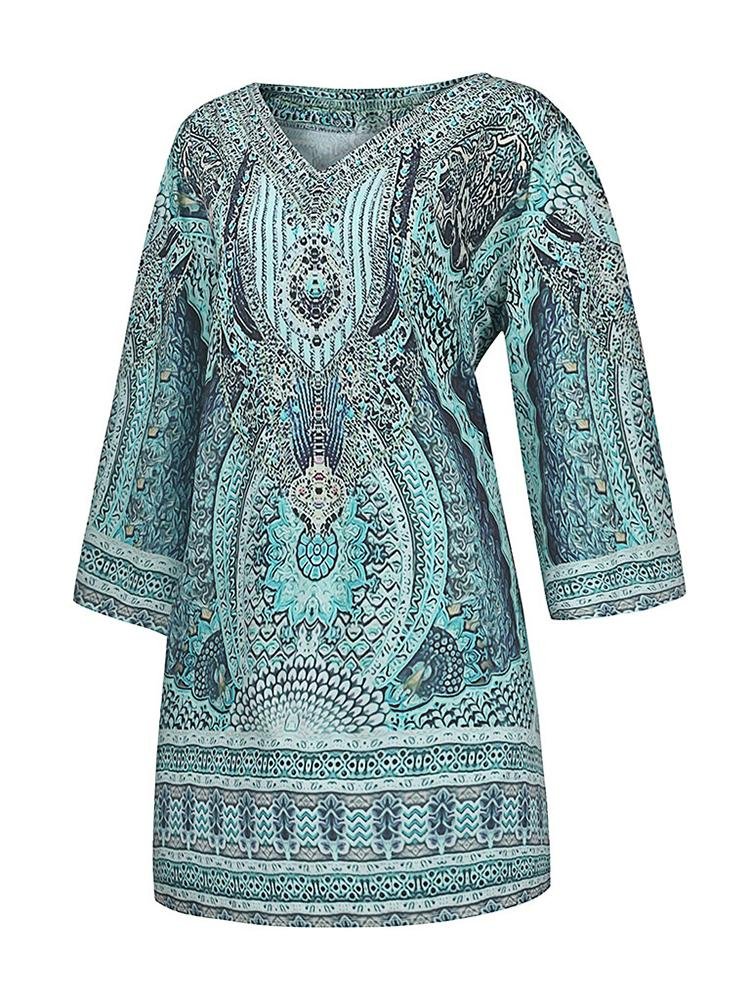 Bohemian V Loose Sleeve Printed Midi Vacation Dress - Midi Dresses - INS | Online Fashion Free Shipping Clothing, Dresses, Tops, Shoes - 22/04/2021 - Catagory_Midi Dresses - Color_Blue