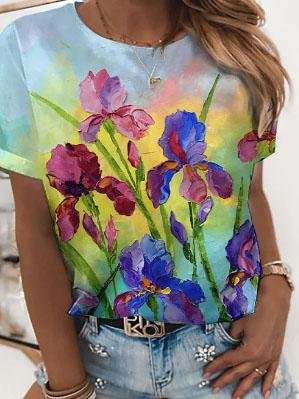 Bright Abstract Print Round Neck T-shirt - T-shirts - INS | Online Fashion Free Shipping Clothing, Dresses, Tops, Shoes - 04/06/2021 - Color_Blue - LXQ