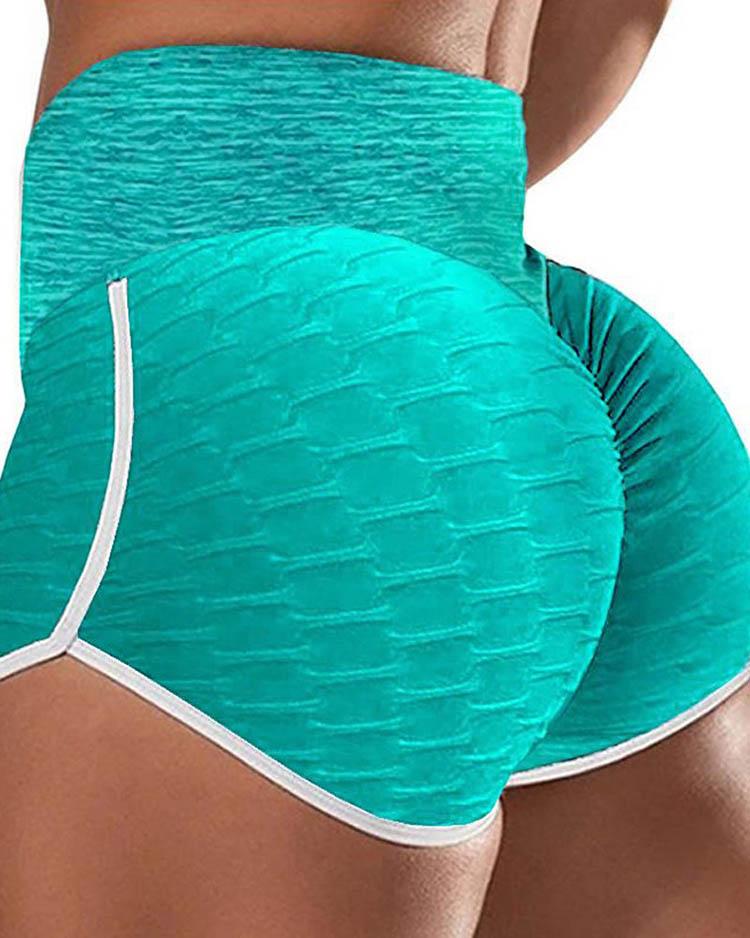 Bubble Texture High Waist Contrast Binding Butt Lifting Yoga Shorts - Yoga Shorts - INS | Online Fashion Free Shipping Clothing, Dresses, Tops, Shoes - 30/04/2021 - Color_Blue - Pants Length_Short