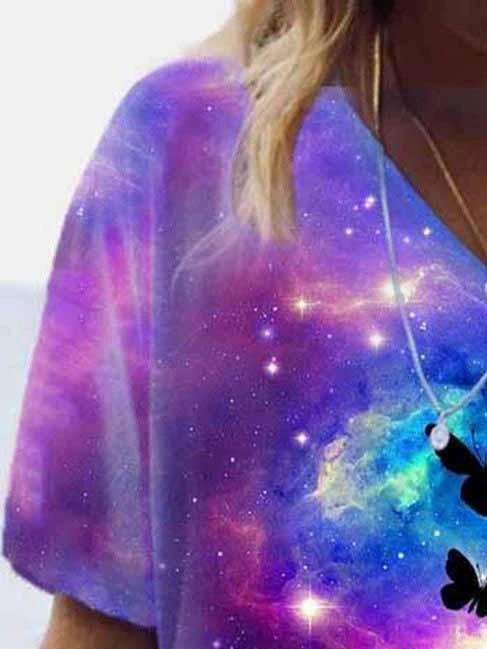 Butterfly & Cat Printed V-neck T-shirt - T-shirts - INS | Online Fashion Free Shipping Clothing, Dresses, Tops, Shoes - 08/06/2021 - Color_Purple - Size_2XL