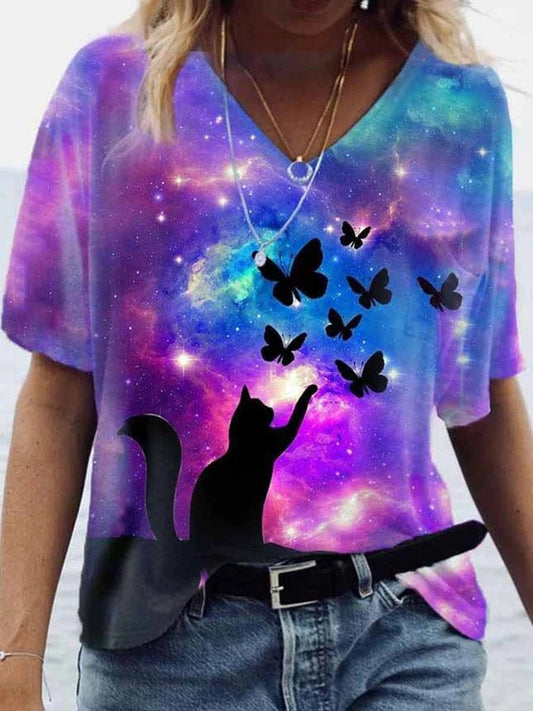 Butterfly & Cat Printed V-neck T-shirt - T-shirts - INS | Online Fashion Free Shipping Clothing, Dresses, Tops, Shoes - 08/06/2021 - Color_Purple - Size_2XL