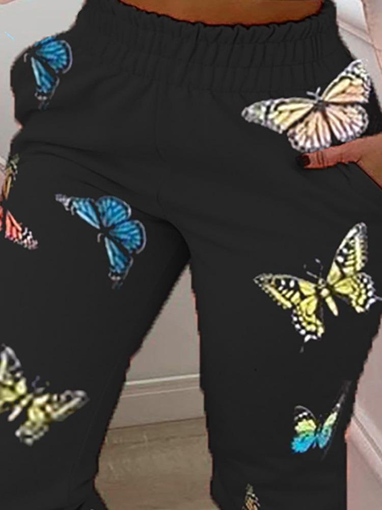 Butterfly Print Pocket Design Shirring Waist Casual Pants - Pants - INS | Online Fashion Free Shipping Clothing, Dresses, Tops, Shoes - 04/05/2021 - Category_Pants - Color_Black