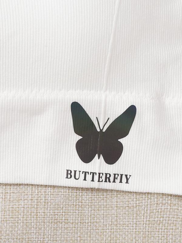 Butterfly Print Ribbed Bralette - INS | Online Fashion Free Shipping Clothing, Dresses, Tops, Shoes