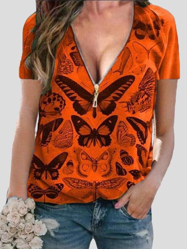Butterfly Print Zipper V-neck Pullover Top - T-Shirts - INS | Online Fashion Free Shipping Clothing, Dresses, Tops, Shoes - 03/07/2021 - 10-20 - color-blue