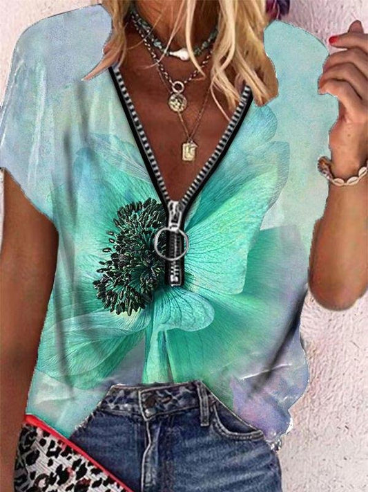 Butterfly Print Zipper V-neck Short Sleeve T-shirt - T-Shirts - INS | Online Fashion Free Shipping Clothing, Dresses, Tops, Shoes - 08/06/2021 - Category_T-Shirts - Color_Blue