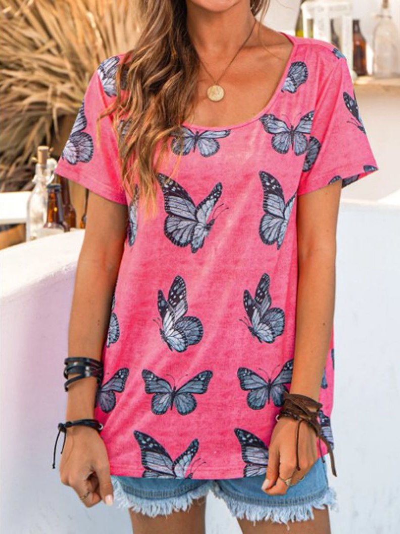 Butterfly Vintage Short Sleeve Round Neck Casual T-shirt - T-shirts - INS | Online Fashion Free Shipping Clothing, Dresses, Tops, Shoes - 10-20 - 15/07/2021 - color-pink