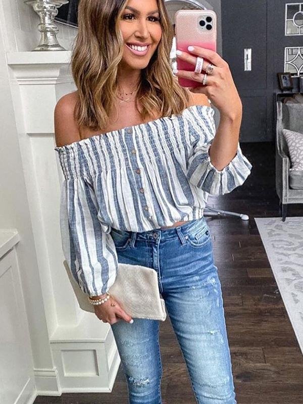 Button One Word Shoulder Lantern Sleeve Stripe Blouse - Blouses - INS | Online Fashion Free Shipping Clothing, Dresses, Tops, Shoes - 23/04/2021 - BLO210419215 - Blouses