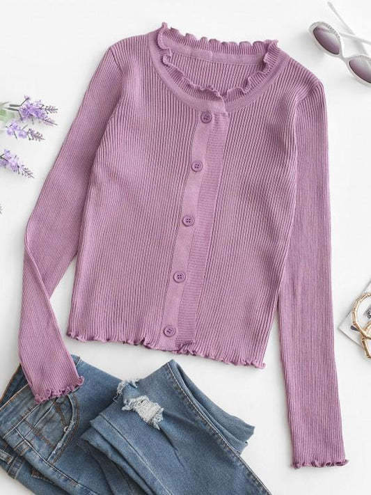 Button Up Ruffled Trim Solid Cardigan - INS | Online Fashion Free Shipping Clothing, Dresses, Tops, Shoes