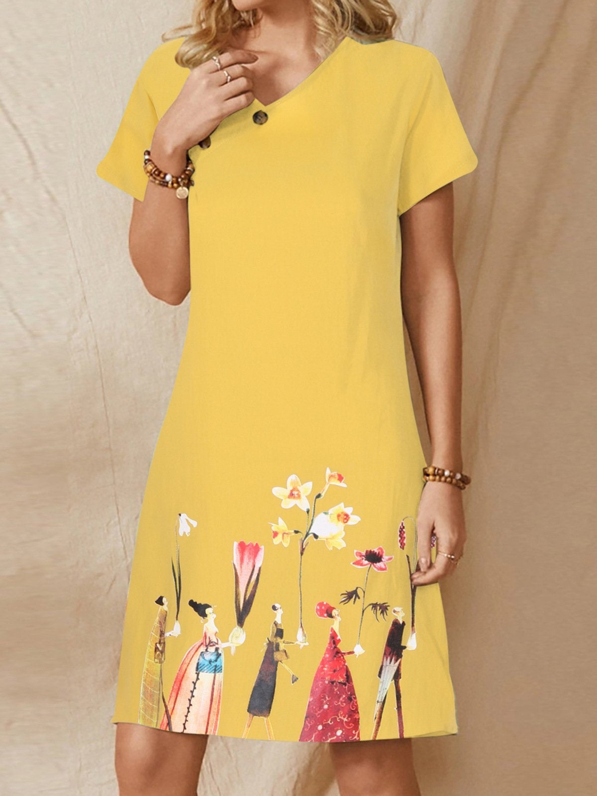 Cartoon Flower Print Button V-Neck Short Sleeve Dress - Mini Dresses - INS | Online Fashion Free Shipping Clothing, Dresses, Tops, Shoes - 19/06/2021 - 20-30 - Category_Mini Dresses