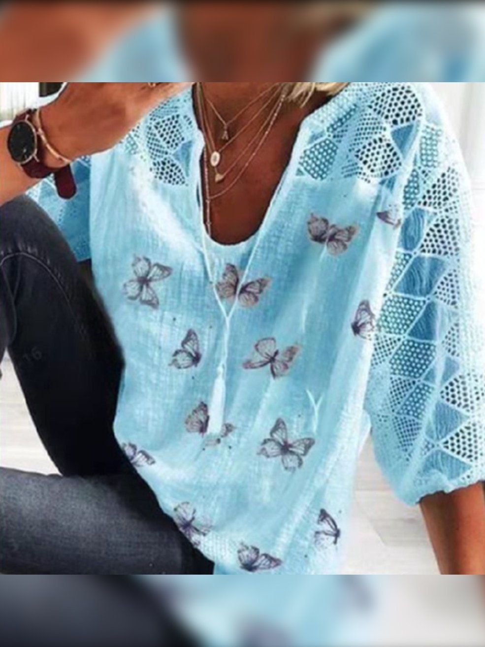 Casual Butterfly Printed Round Neck 3/4 Sleeve T-shirt - T-shirts - INS | Online Fashion Free Shipping Clothing, Dresses, Tops, Shoes - 18/05/2021 - Color_Sky Blue - Color_White