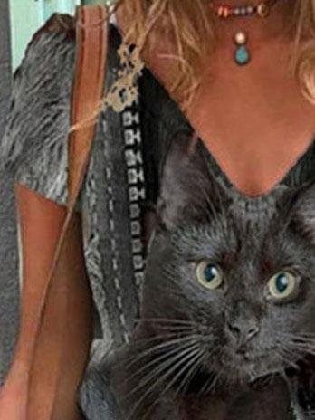 Casual Cat Print V-neck T-shirt - T-shirts - INS | Online Fashion Free Shipping Clothing, Dresses, Tops, Shoes - 10-20 - 25/06/2021 - color-black
