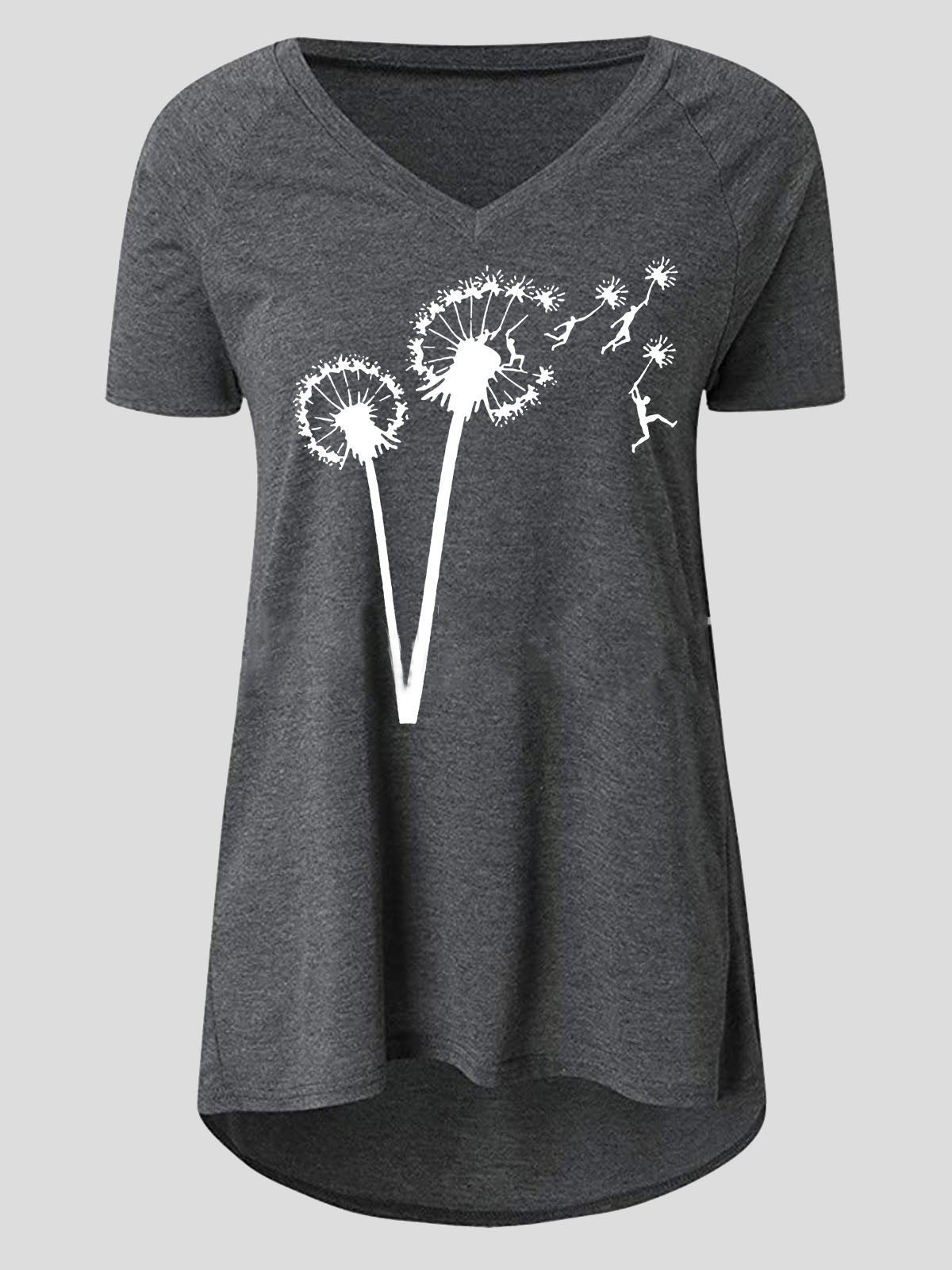 Casual Dandelion Print Short-sleeved V-neck T-shirt - T-shirts - INS | Online Fashion Free Shipping Clothing, Dresses, Tops, Shoes - 10-20 - 14/07/2021 - color-black