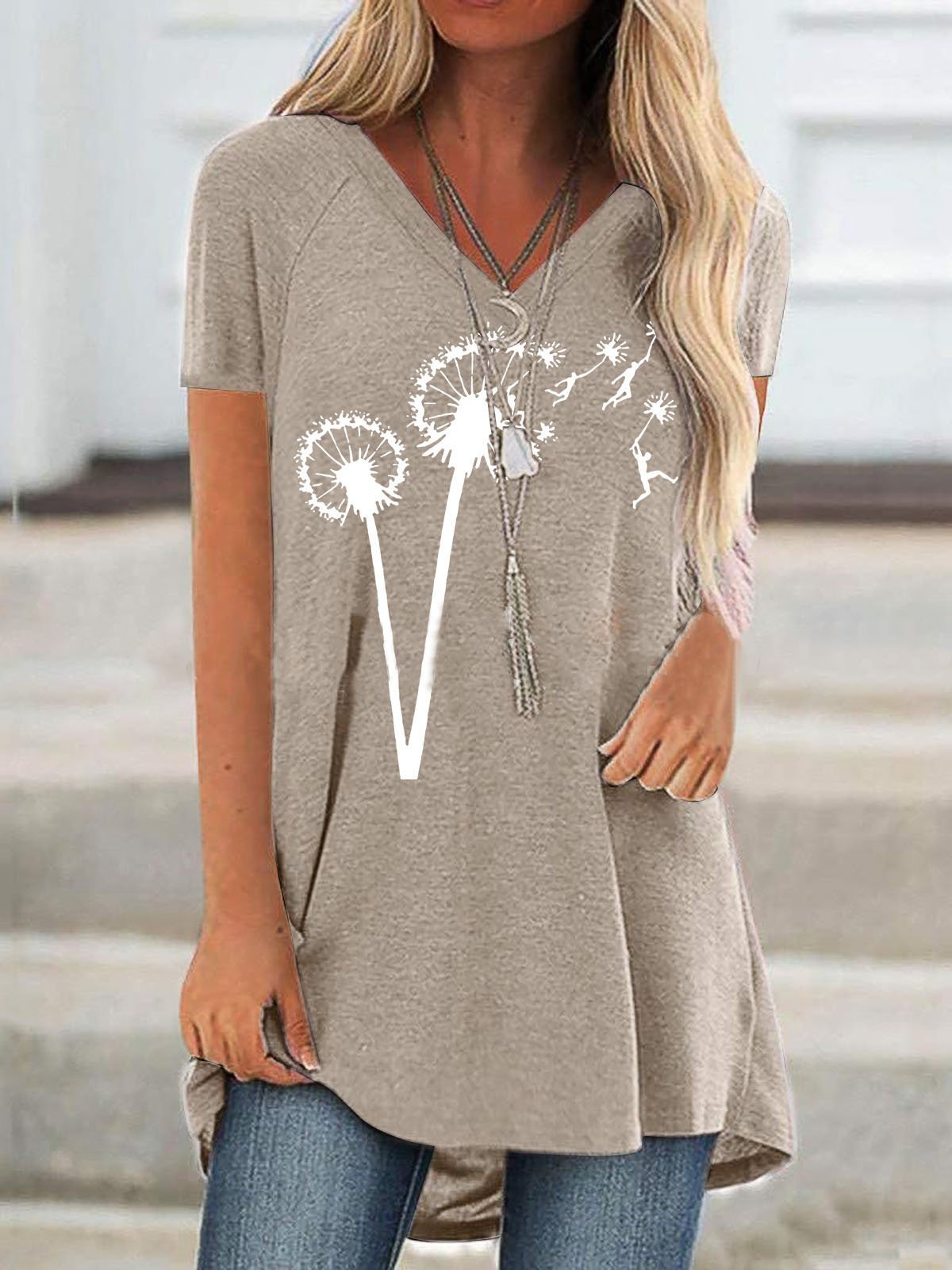 Casual Dandelion Print Short-sleeved V-neck T-shirt - T-shirts - INS | Online Fashion Free Shipping Clothing, Dresses, Tops, Shoes - 10-20 - 14/07/2021 - color-black