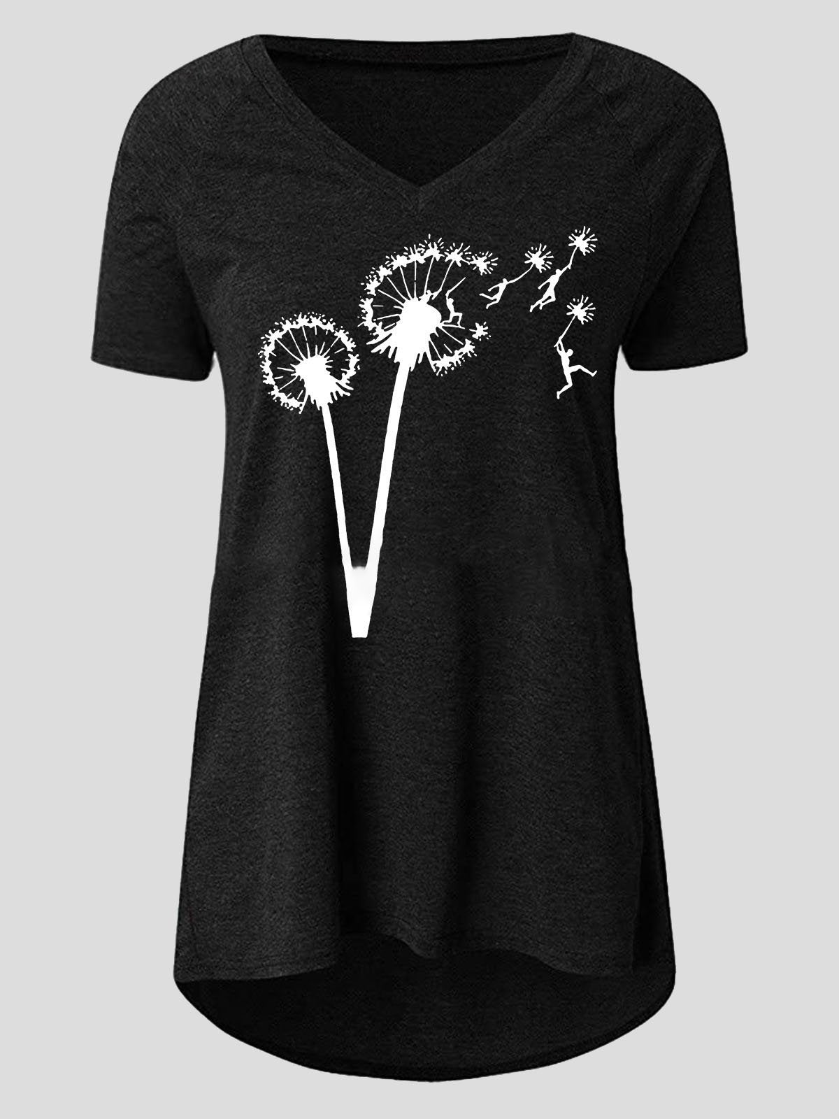 Casual Dandelion Print Short-sleeved V-neck T-shirt - T-shirts - INS | Online Fashion Free Shipping Clothing, Dresses, Tops, Shoes - 10-20 - 14/07/2021 - color-black