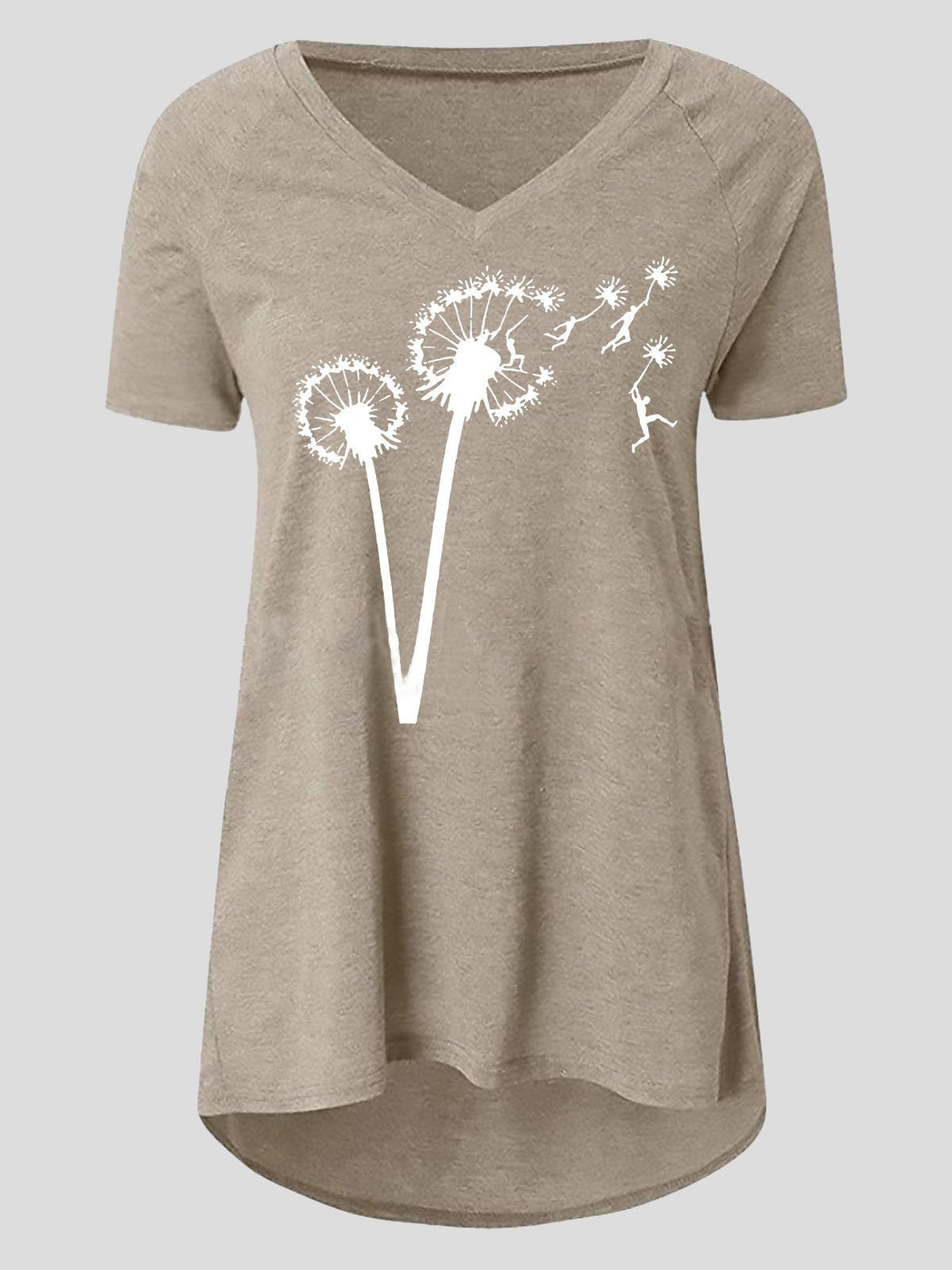 Casual Dandelion Print Short-sleeved V-neck T-shirt - T-shirts - INS | Online Fashion Free Shipping Clothing, Dresses, Tops, Shoes - 10-20 - 14/07/2021 - color-black