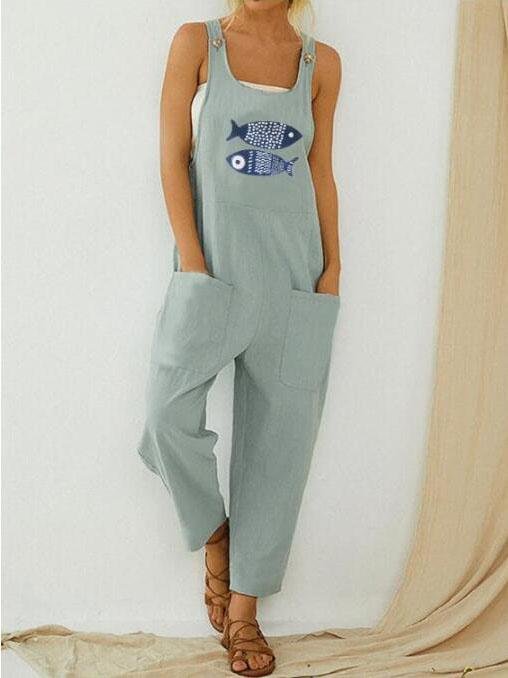 Casual Fish Print Patchwork Jumpsuit - Jumpsuit & Rompers - INS | Online Fashion Free Shipping Clothing, Dresses, Tops, Shoes - 08/07/2021 - 20-30 - Bottoms