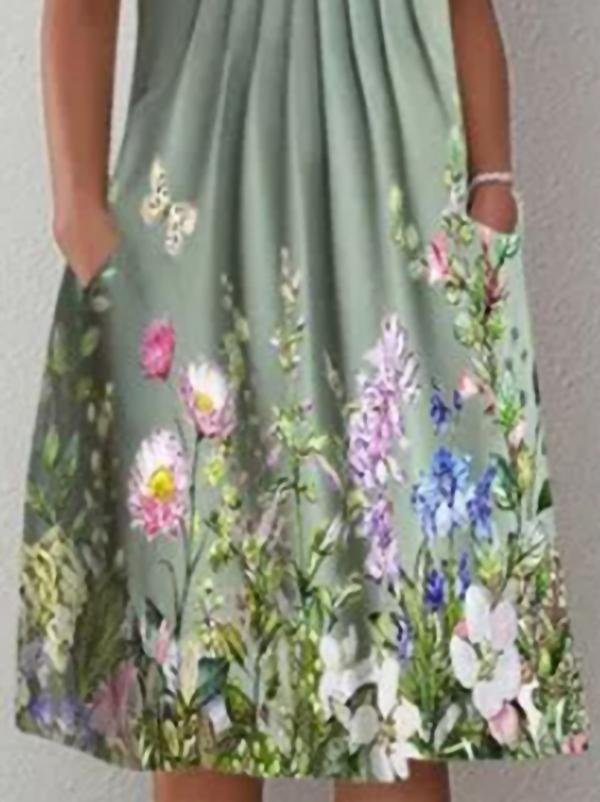 Casual Floral Round Neck Mid-length Straight Dress - Mini Dresses - INS | Online Fashion Free Shipping Clothing, Dresses, Tops, Shoes - 20-30 - 21/07/2021 - color-green