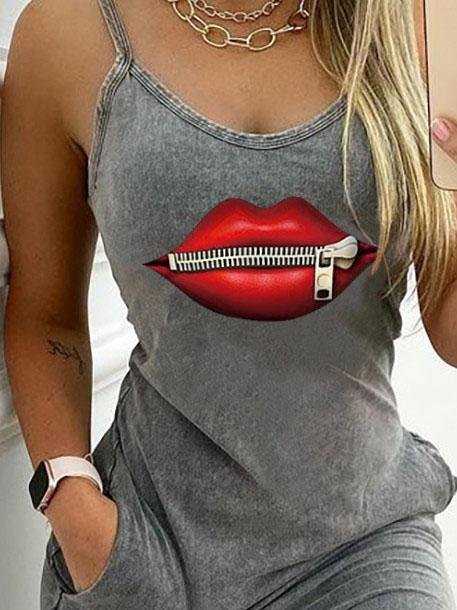 Casual Lip Print Pocket Sleeveless Dress - Mini Dresses - INS | Online Fashion Free Shipping Clothing, Dresses, Tops, Shoes - 10-20 - 14/07/2021 - Category_Mini Dresses