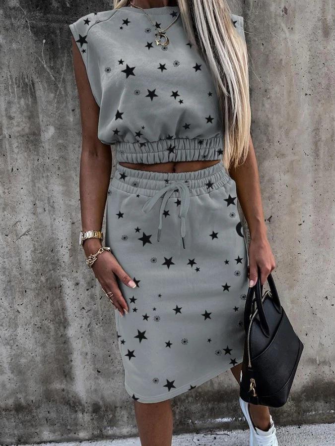 Casual Printed Sleeveless Drawstring Skirt Suit - Sets - INS | Online Fashion Free Shipping Clothing, Dresses, Tops, Shoes - 16/06/2021 - 30-40 - Bottoms