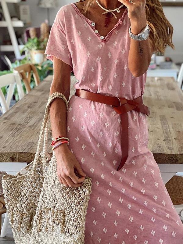 Casual Printed V-neck Dress With Belt - Midi Dresses - INS | Online Fashion Free Shipping Clothing, Dresses, Tops, Shoes - 05/07/2021 - 20-30 - color-pink