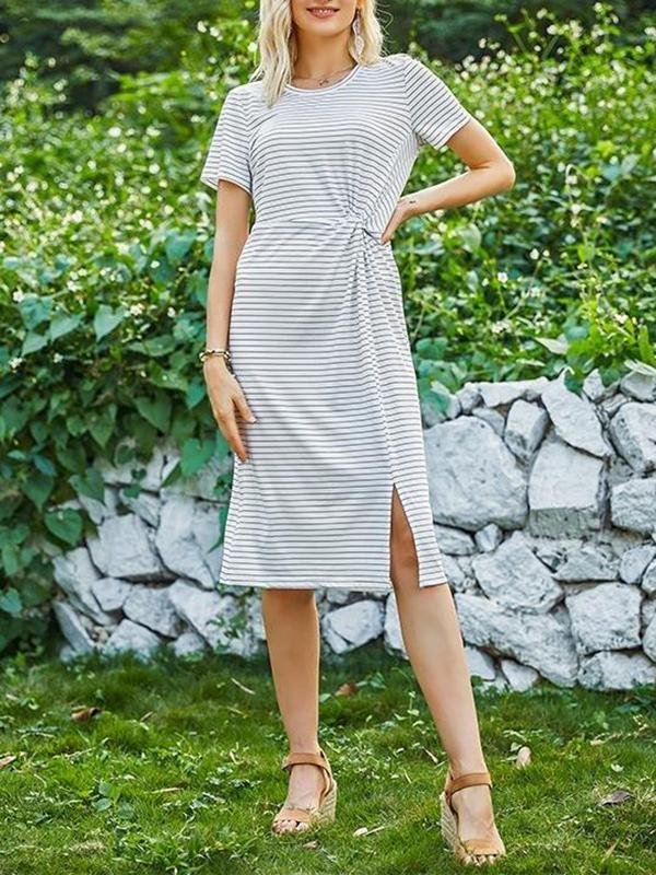 Casual Round Neck Short Sleeve Striped Knitted Dress - Dresses - INS | Online Fashion Free Shipping Clothing, Dresses, Tops, Shoes - 18/03/2021 - Color_White - Dress