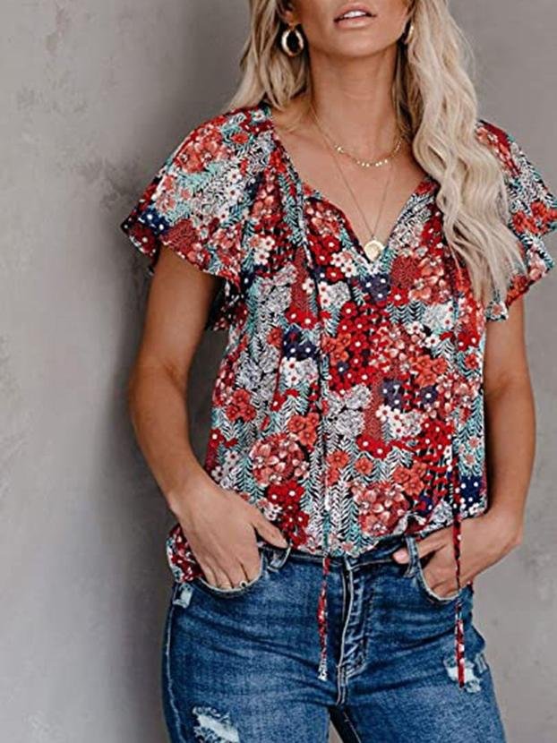 Casual Short-sleeved Loose Printed V-neck Shirt - Blouses - INS | Online Fashion Free Shipping Clothing, Dresses, Tops, Shoes - 10-20 - 18/06/2021 - BLO2106180120