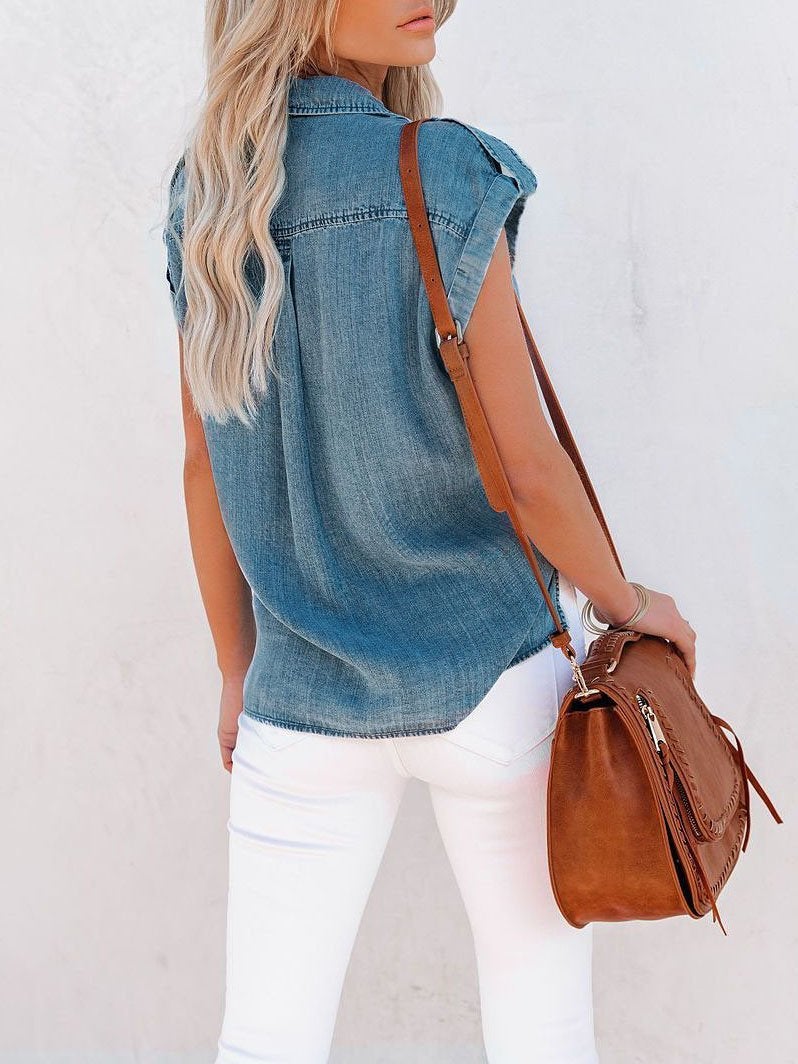 Casual Short-sleeved Solid Denim Shirt - Blouses - INS | Online Fashion Free Shipping Clothing, Dresses, Tops, Shoes - 20-30 - 22/07/2021 - BLO2107221243
