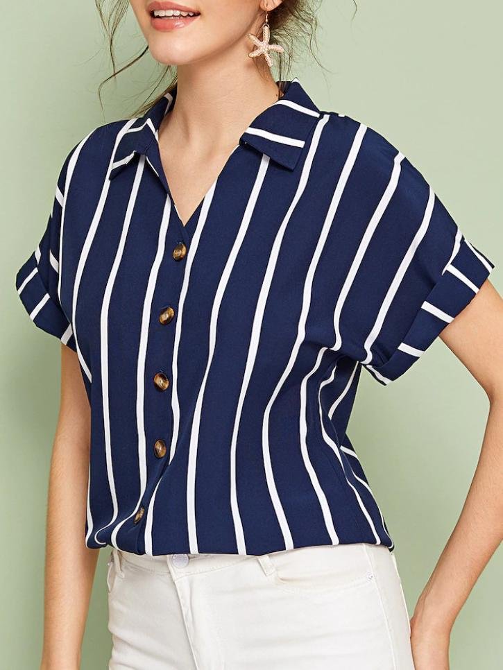 Casual Striped-breasted Lapel Loose Bat Sleeve Ladies Shirt - Blouses - INS | Online Fashion Free Shipping Clothing, Dresses, Tops, Shoes - 10-20 - 14/07/2021 - BLO2107141193