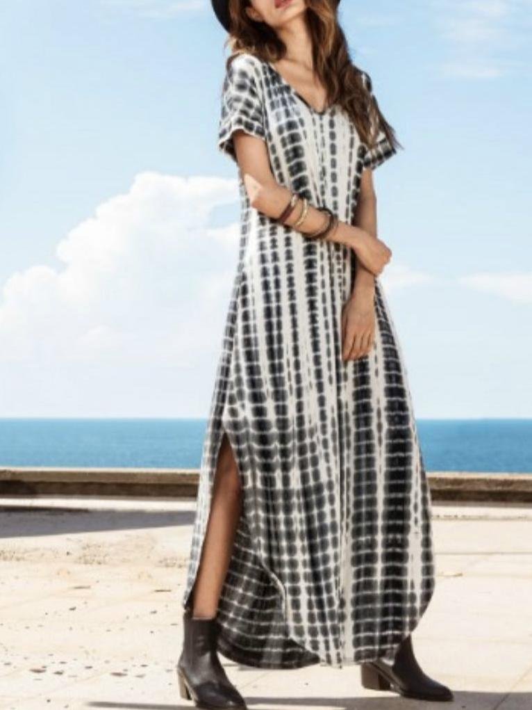 Casual Tie-dye Printed Slit V-neck Dress - Maxi Dresses - INS | Online Fashion Free Shipping Clothing, Dresses, Tops, Shoes - 24/05/2021 - Color_Black - DRE2105241082